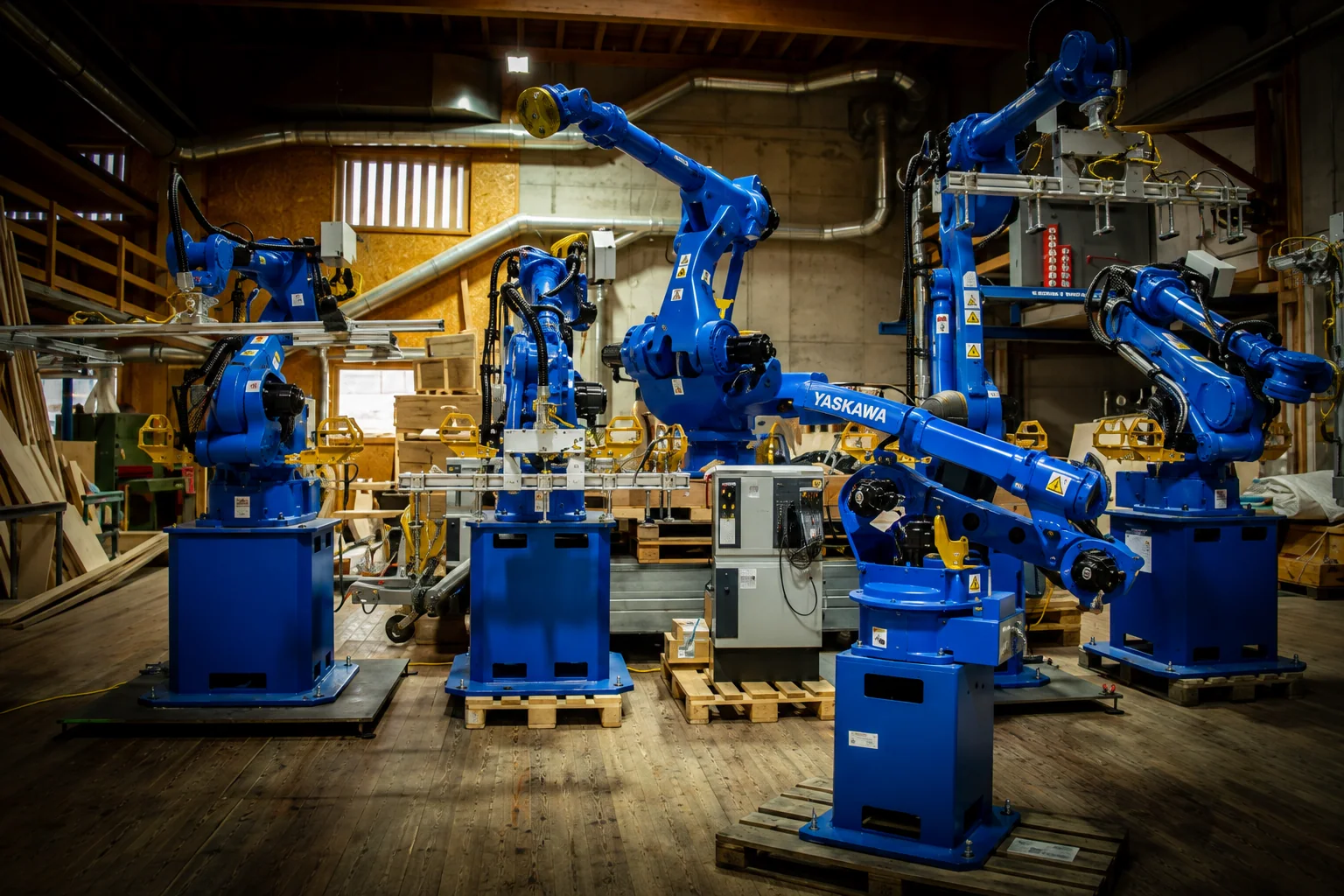 Mehrere Yaskawa-Industrieroboter in der Werkhalle